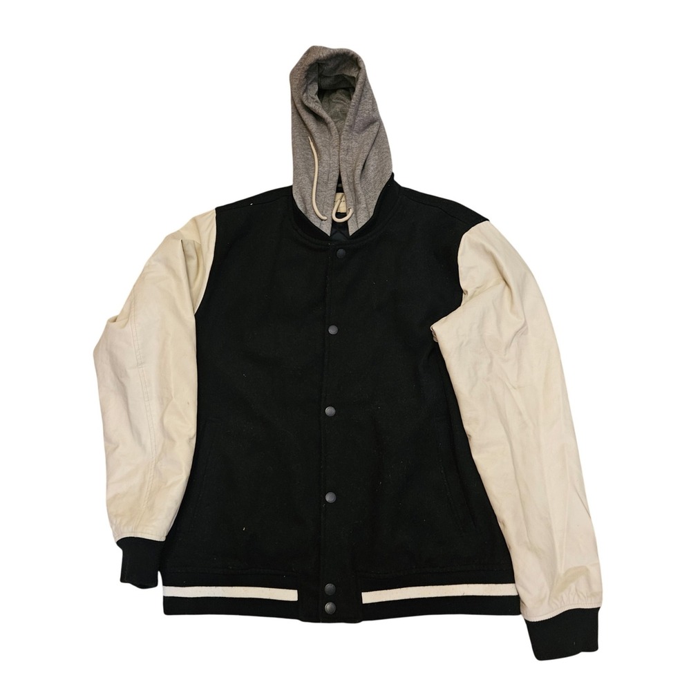 Aeropostale Men's XL Black Varsity Bomber Jacket With Hood & Faux Leather Sleeve